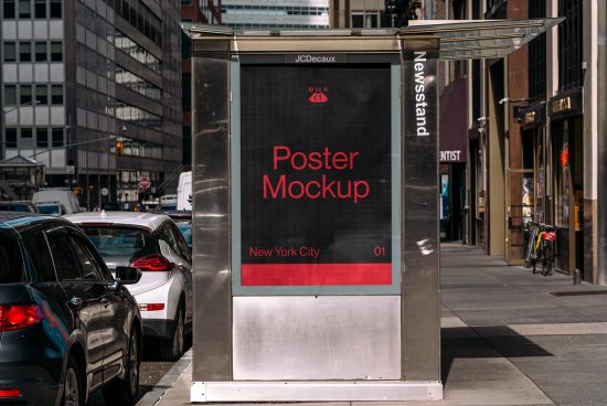 Urban street-side newsstand featuring a customizable poster mockup with a sleek design, visible in a realistic city environment for designers.